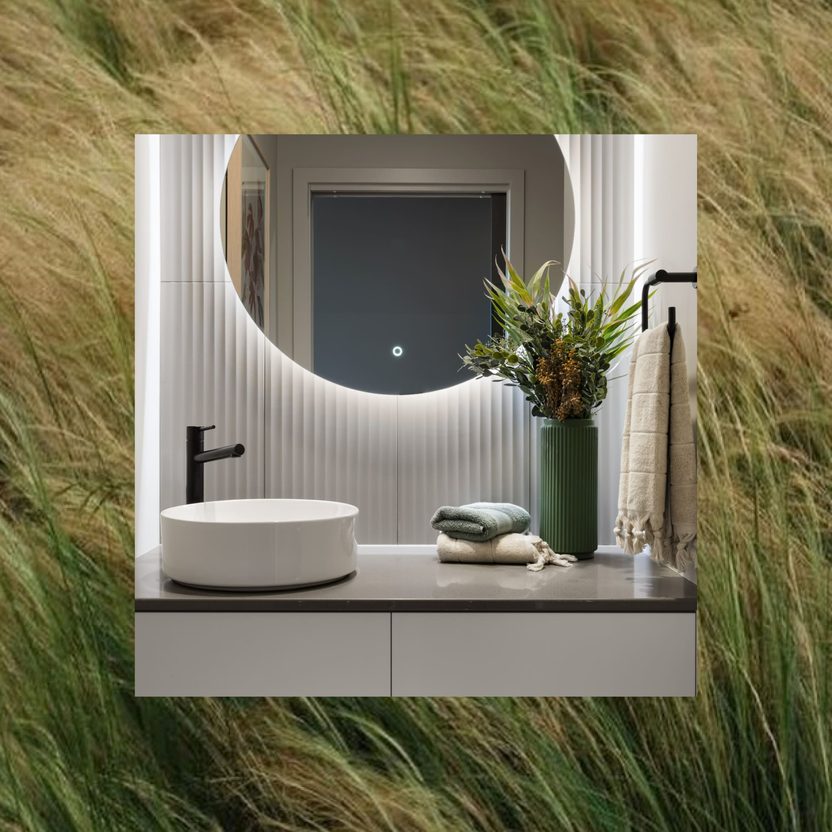 Modern bathroom vanity and round mirror